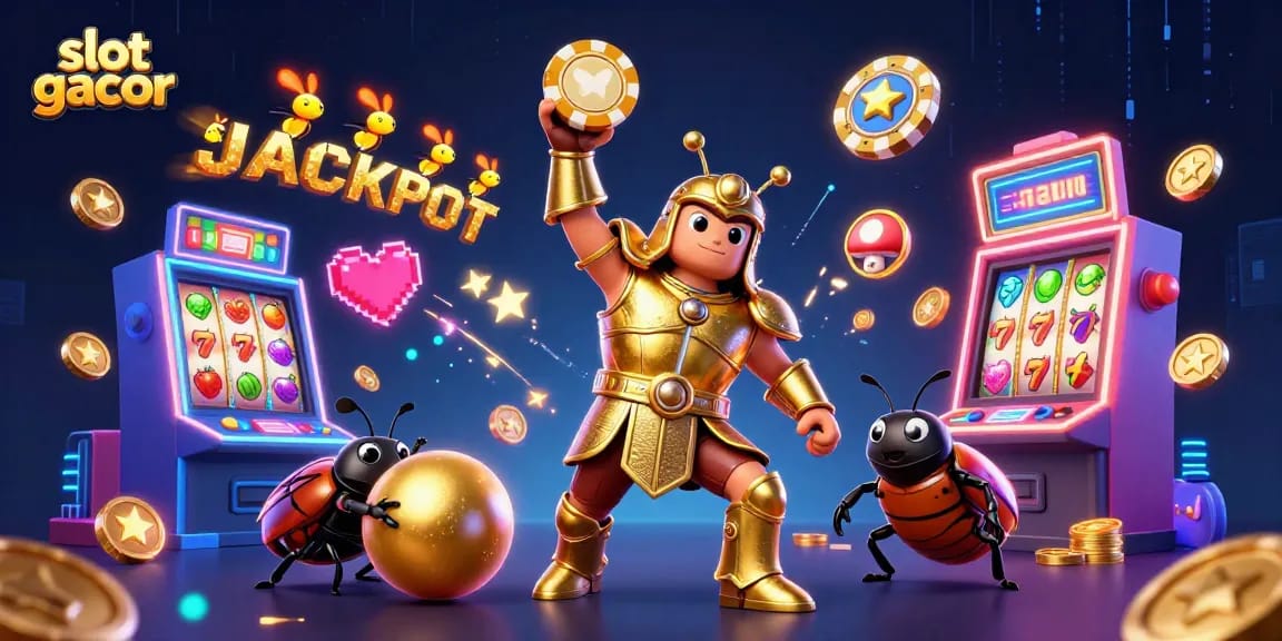 Experience excitement with a colorful slot gacor scene featuring a gladiator beetle lifting a poker chip.