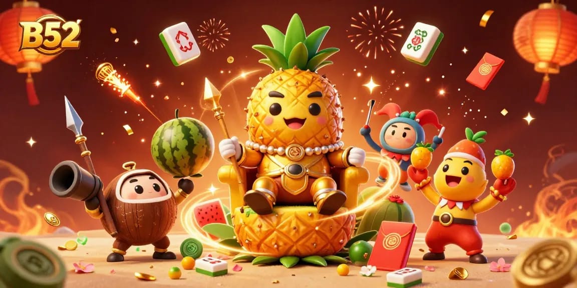 Experience the excitement of the B52 casino with a golden pineapple king, vibrant game elements, and lively surroundings.