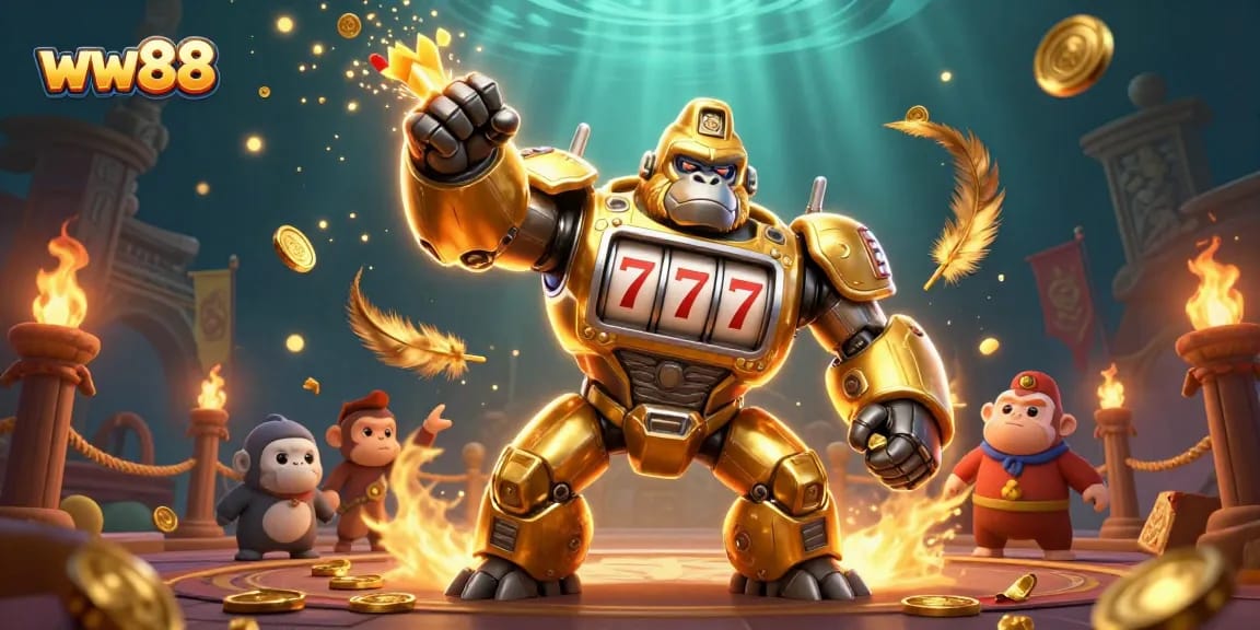 Experience thrilling action at ww88 with a cartoon gorilla mech amidst explosive gaming elements.