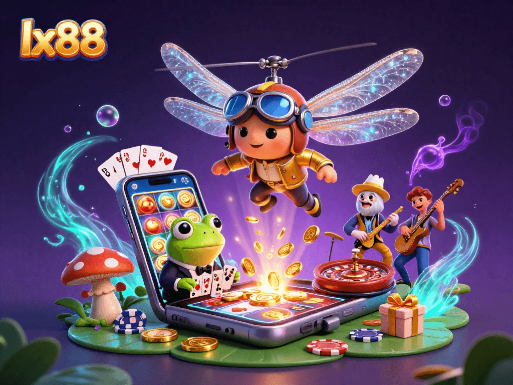 Engage with lx88 at a vibrant lily pad casino featuring unique characters and exciting 3D game elements.