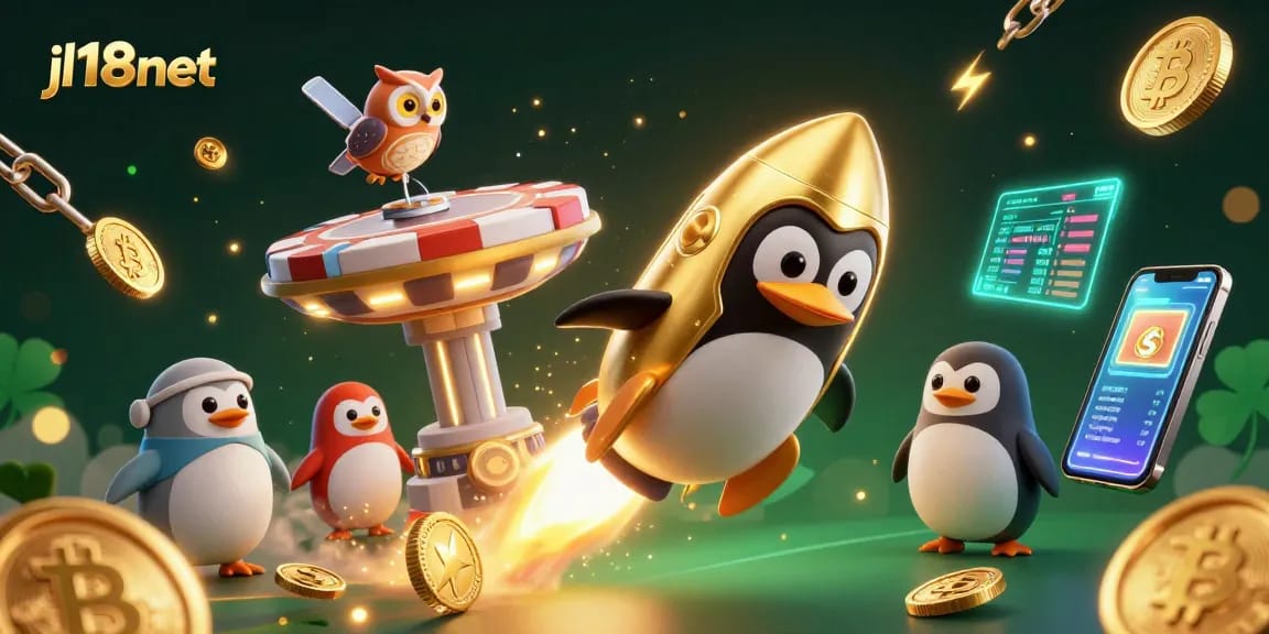 Engage with exciting gaming options at jl18net, featuring a golden penguin and crypto elements.