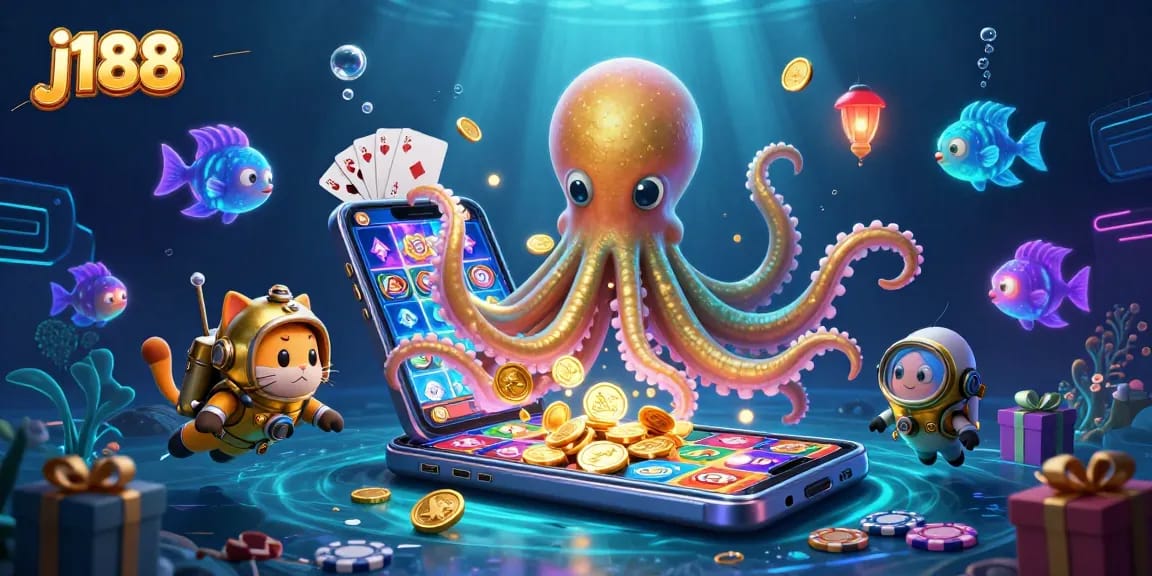 Experience thrilling gaming with j188 featuring a kraken, diving cat, and vibrant casino elements.