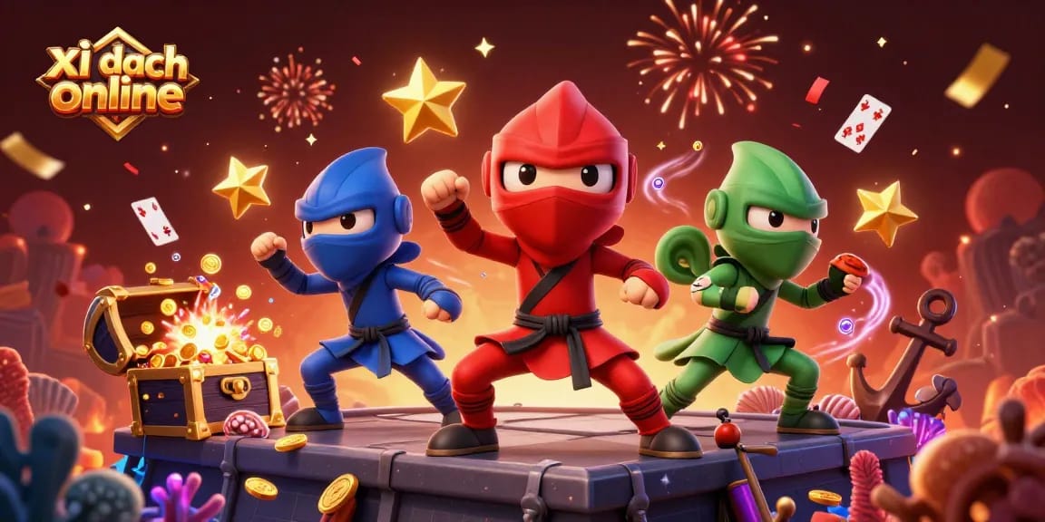 Engage in thrilling action with xì dách online as ninja chameleons converge in a vibrant 3D scene.