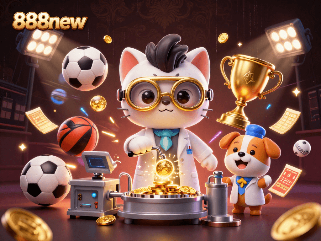 Engage with thrilling gameplay at 888new as mad scientist characters replicate gold coins amidst sports elements.