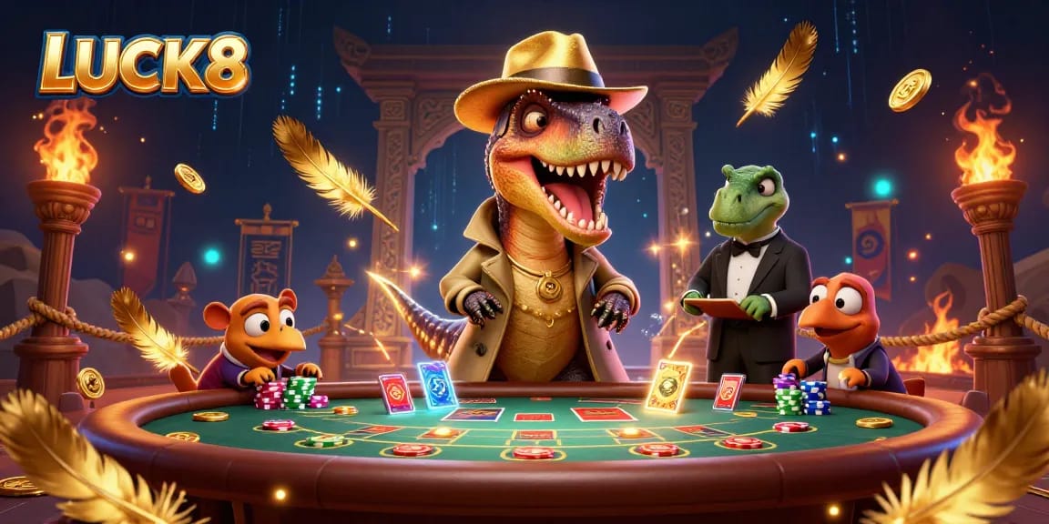 Experience thrilling gameplay at LUCK8 with a card-counting velociraptor amidst a vibrant casino scene.