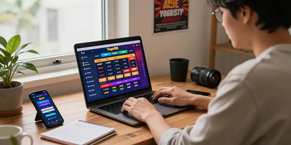 Togel88 Rtp Terbaru online gambling scene with enthusiastic player engaging on laptop and tracking lottery statistics.