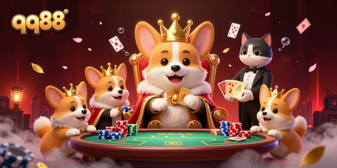 Experience the excitement of qq88 with this vibrant casino illustration showcasing iconic symbols and lively characters.