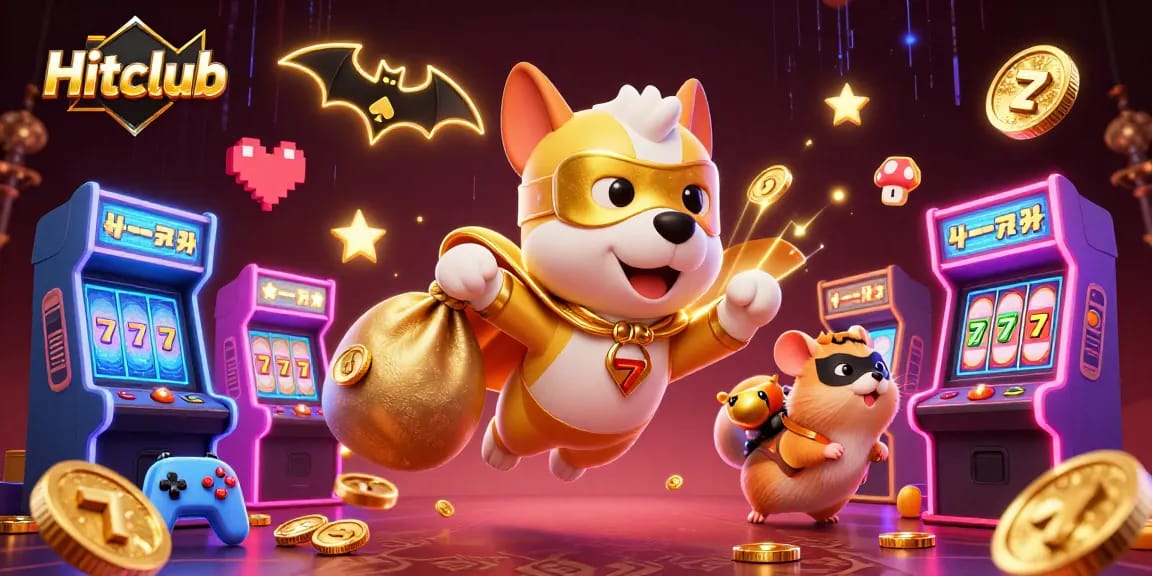 Hitclub's thrilling adventure featuring a superhero dog and hamster navigating exciting casino-themed elements.