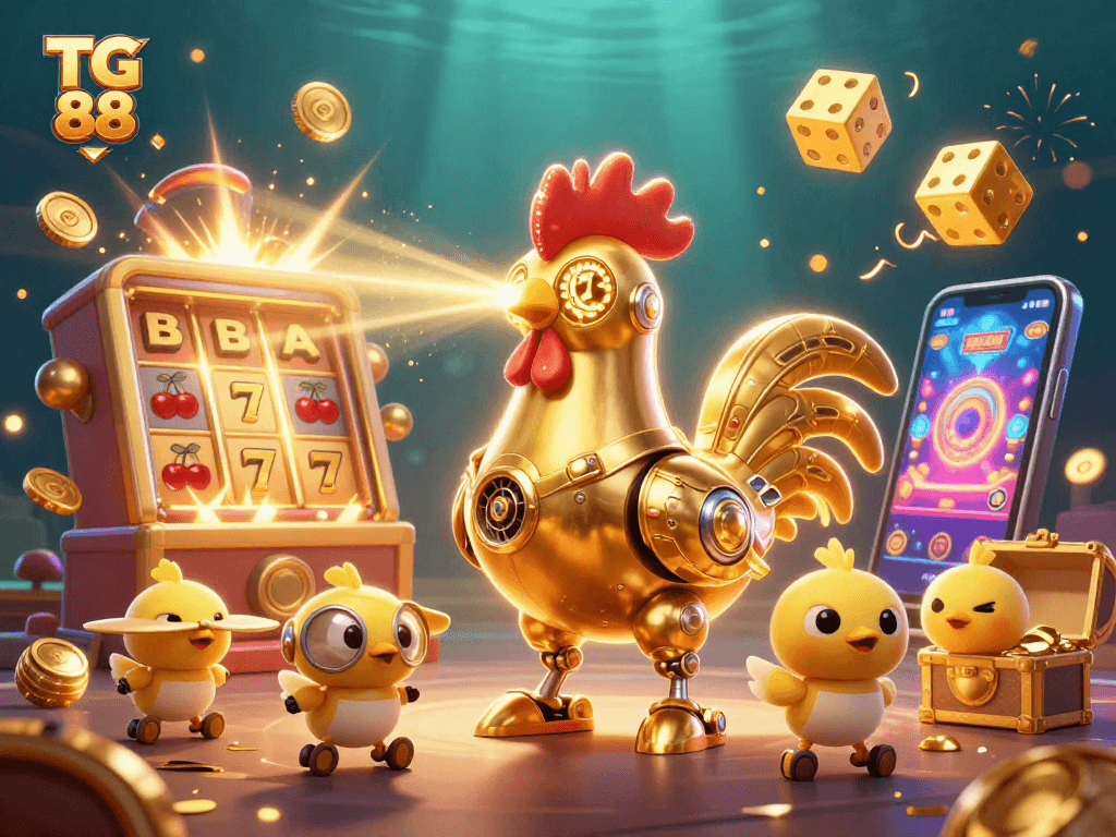 Experience the thrill of gaming with TG 88 as golden rooster robots shoot jackpot beams and coins explode.