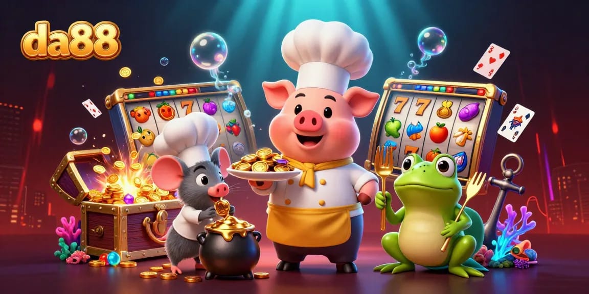 Engage in the da88 slots experience as the chef pig serves golden coins amidst vibrant casino elements.