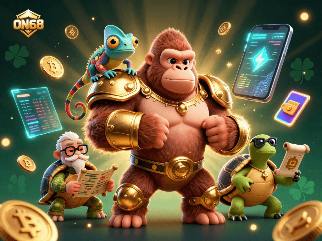 Engage in thrilling jackpots at ON68 with vibrant characters and dynamic casino elements.