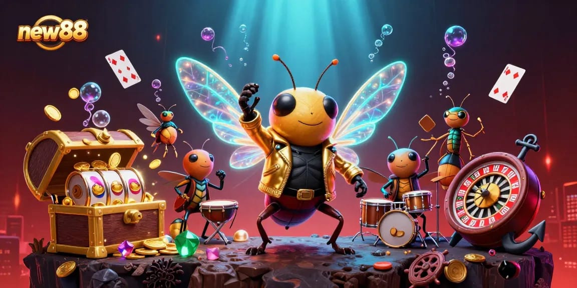 Experience thrilling new88 slot adventures with a vibrant 3D casino scene full of excitement.