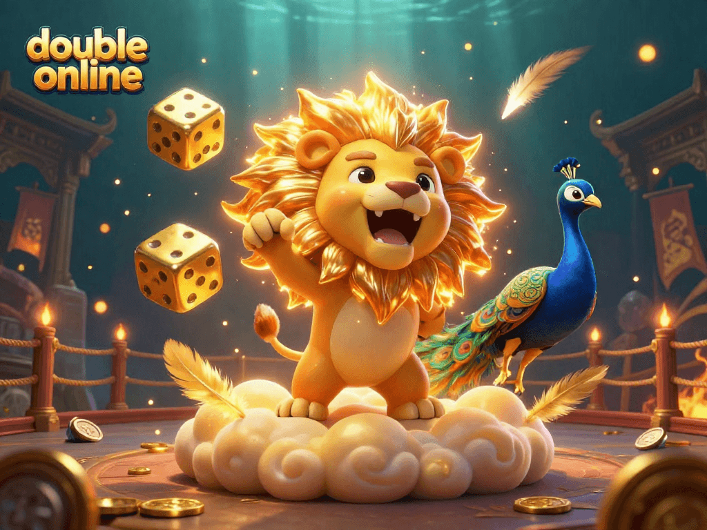 Experience excitement with double online's 3D cartoon lion amidst golden dice and vibrant casino elements.