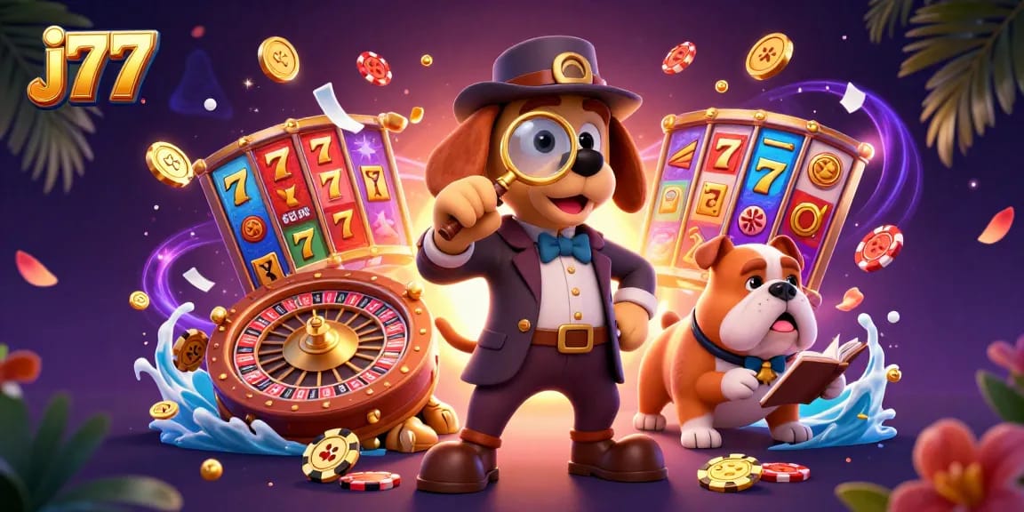 Experience thrilling gaming at j77 with a detective uncovering treasure amidst vibrant slots and casino elements.