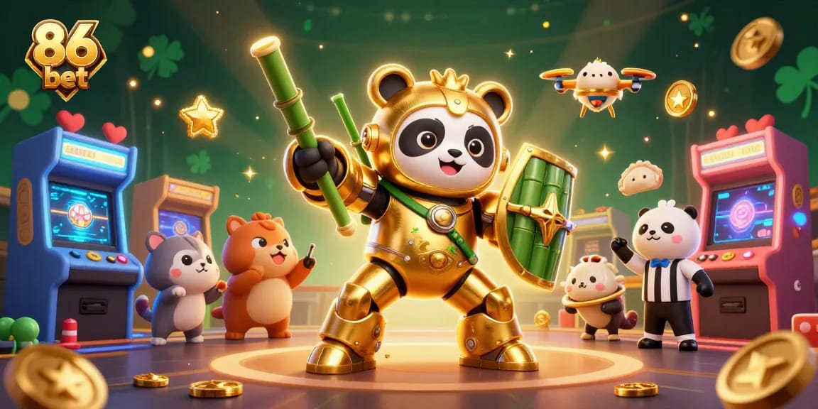 Engage with 86 bet's exciting gaming environment featuring a golden panda mech and arcade elements.