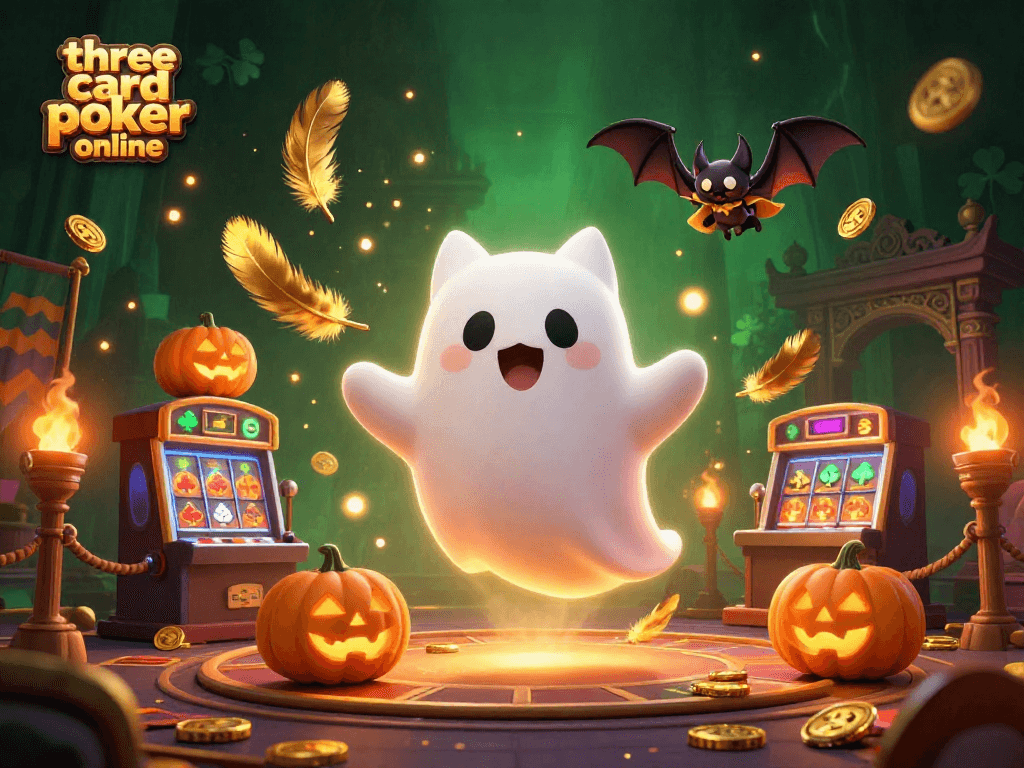 Experience the thrill of three card poker online in this vibrant haunted casino scene.