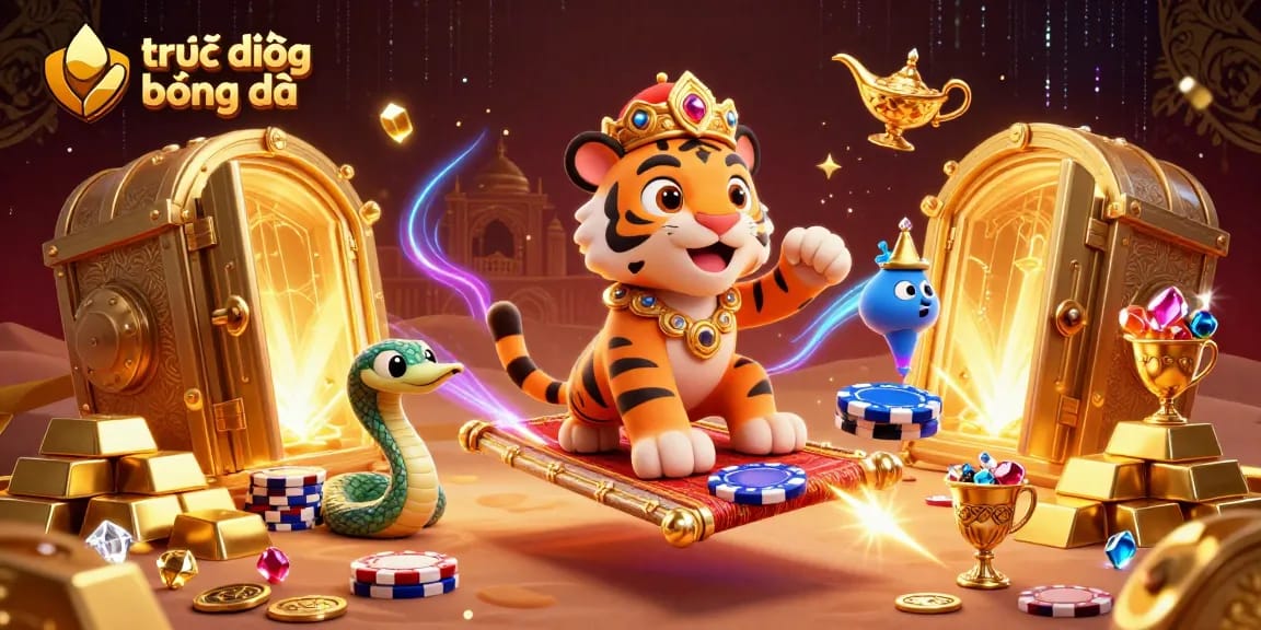 Experience trực tiếp bóng đá in style with this vibrant 3D illustration featuring rich casino elements.