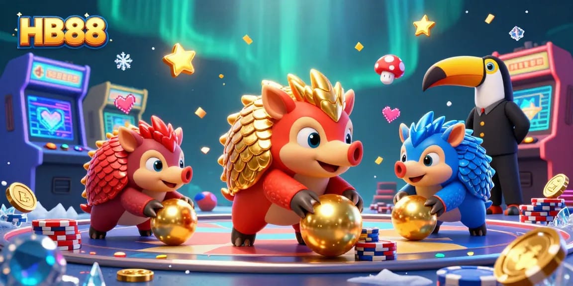 Bowling pangolins with poker chips in HB88 casino adventure, vibrant gaming scene