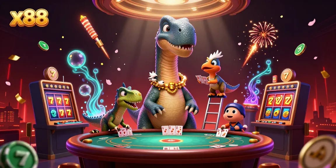 x88 engages players at a vibrant casino scene with a dinosaur dealer, vibrant poker tables, and celebratory fireworks
