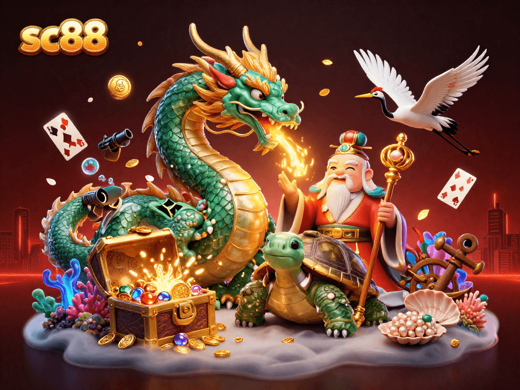 Experience sc88 with an enchanting 3D scene of a dragon and various gambling elements.