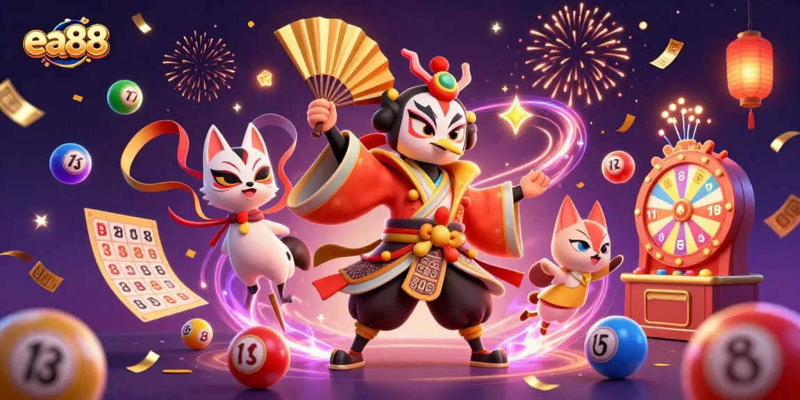 ea88 features a dynamic scene with kabuki warrior and elements of gambling excitement.