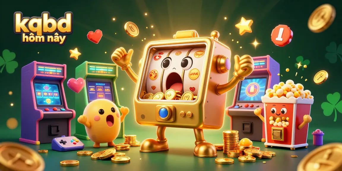 Celebrate kqbd hôm nay with a vibrant scene of golden slot machines hitting jackpots and coins pouring out.