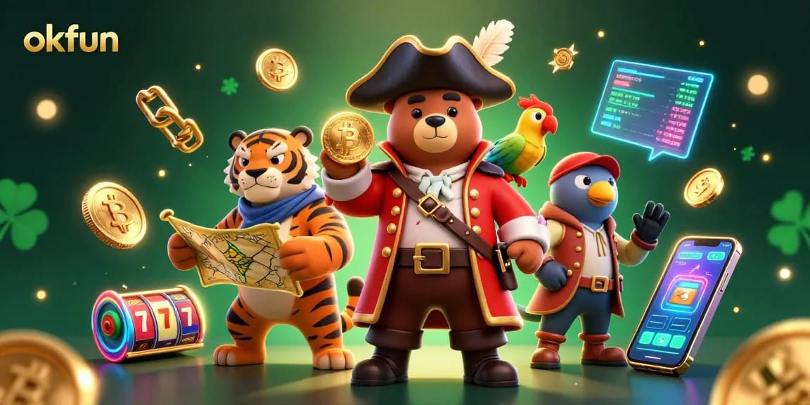 Spin the reels with okfun as a pirate captain bear leads a treasure hunt in this vibrant casino scene.