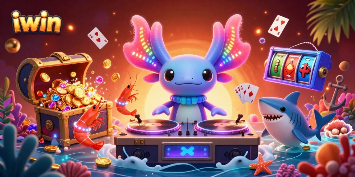 Experience iwin's vibrant underwater casino scene featuring a bass axolotl DJ and lively oceanic elements.