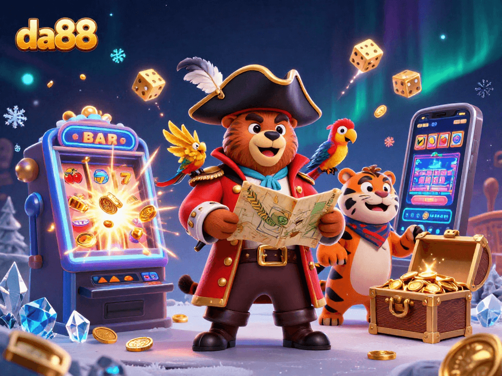 Experience da88 exciting wins with a vibrant 3D digital casino adventure illustration showcasing slot machines and characters.