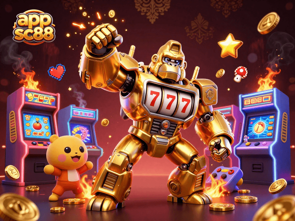 Engage with app sc88 in this energetic 3D casino illustration featuring a vibrant mech and classic game elements.