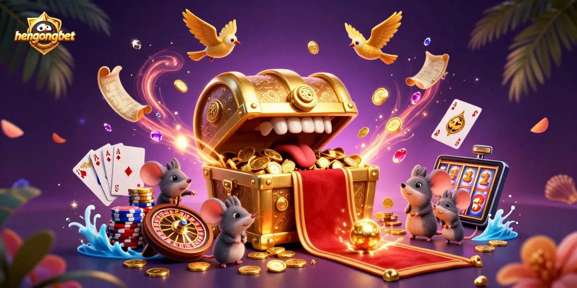 Engage with hengongbet in this vibrant casino illustration showcasing dynamic gaming elements and treasures.