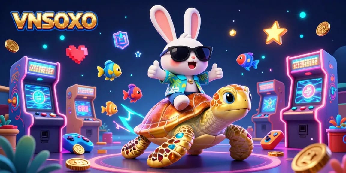 Engage with the VNSOXO gaming experience, illustrated with a lucky rabbit and golden sea turtle in a colorful casino scene.