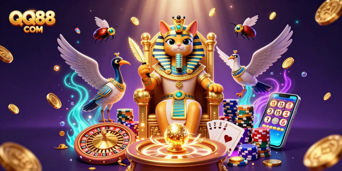 Experience the excitement at QQ88 COM with a vibrant 3D casino scene featuring a pharaoh cat and more.