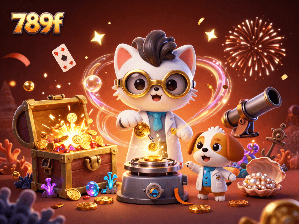 Experience thrilling games at 789f as playful characters create wealth among colorful treasures in a vibrant setting.