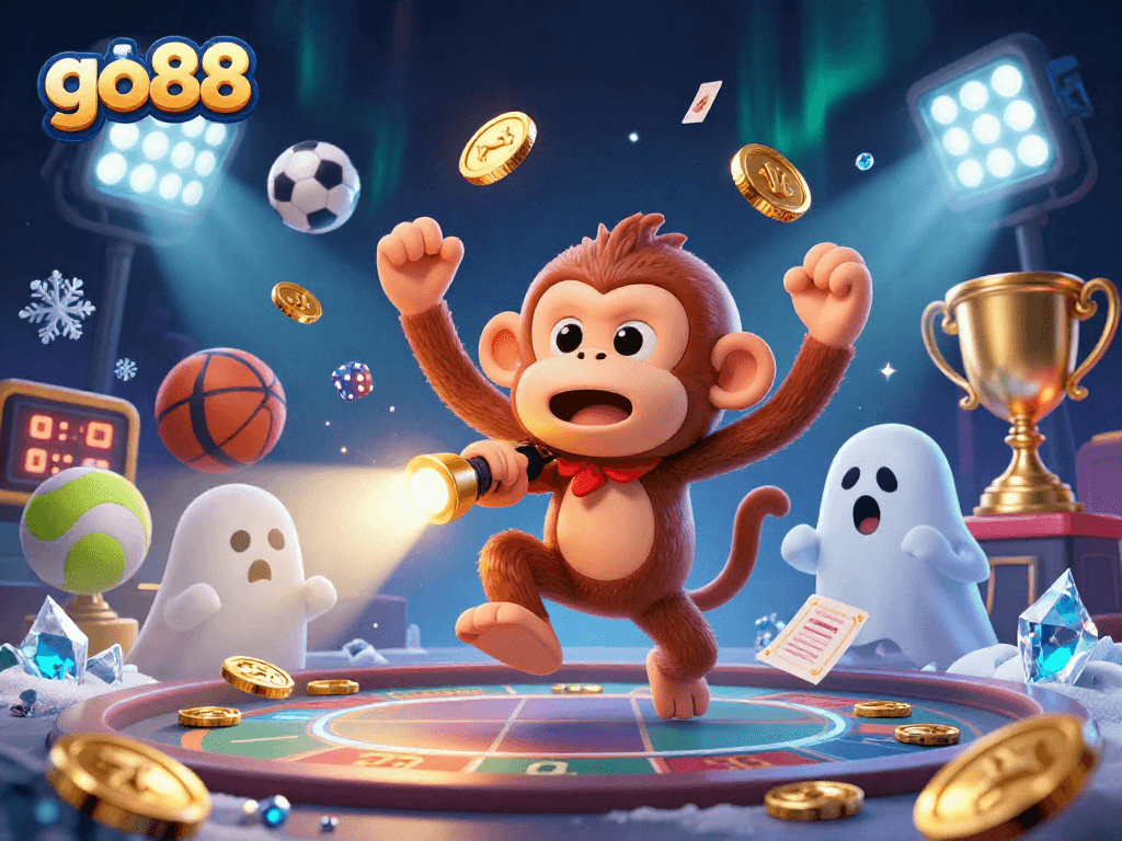 go88 showcases a lively haunted casino scene featuring a mischievous poltergeist monkey and ghost-hunter puppy.