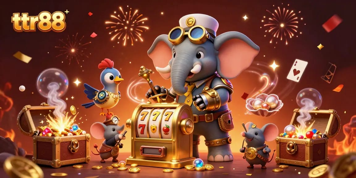 Engage with ttr88's exciting slot games in a vibrant 3D illustration of a steampunk casino adventure.
