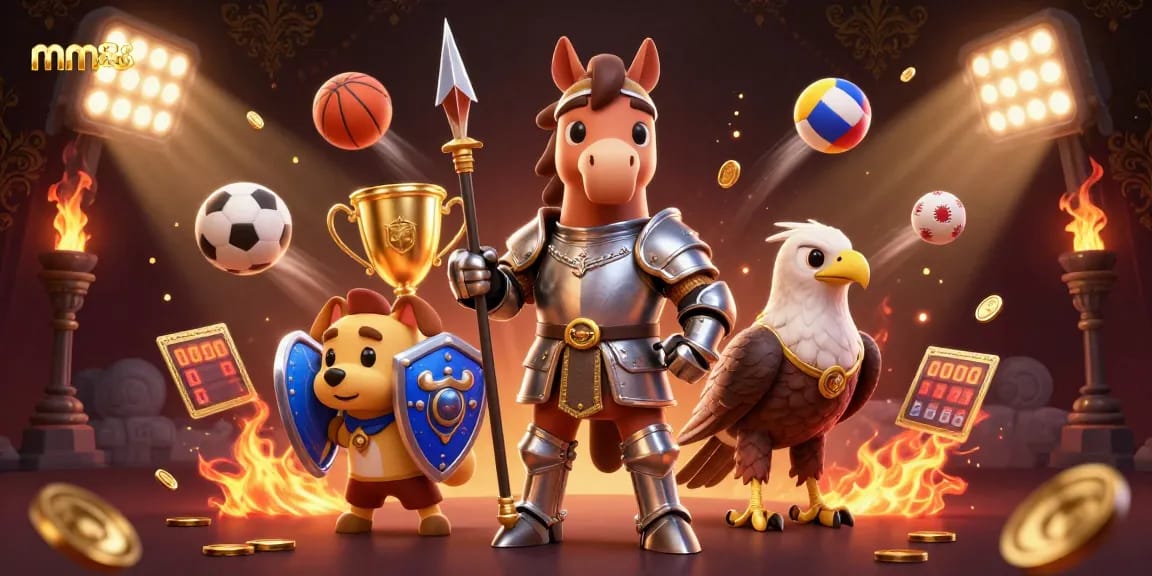 Engage with mm88 through an energetic 3D gambling illustration featuring knights, sports, and gaming elements.