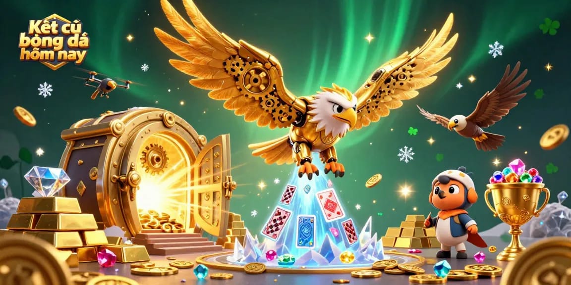 Kết quả bóng đá hôm nay showcasing a cybernetic eagle with playing cards and treasures in a dynamic scene.