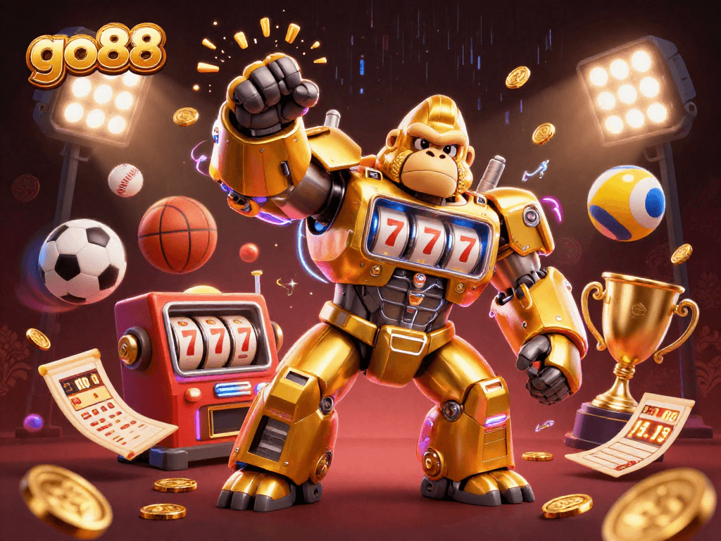 Engage with go88's thrilling atmosphere featuring a golden gorilla mech and dynamic sports elements.