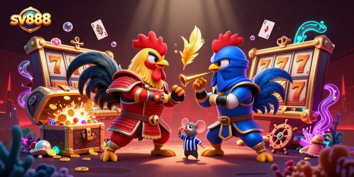 Engage in thrilling battles with sv888 as cartoon fighting roosters compete amidst exploding treasures and slot reels.