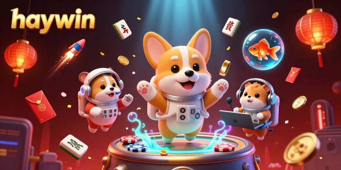 Experience thrilling gaming at Haywin with a colorful 3D illustration of space and casino elements.