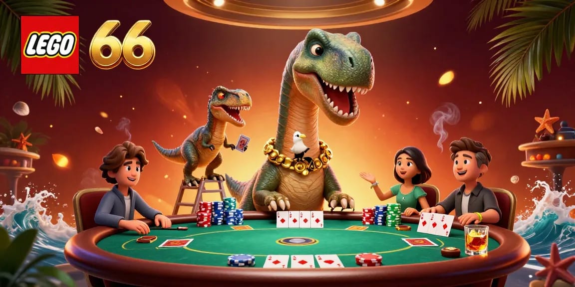 Lego66 captivates players at a vibrant casino scene with a towering brontosaurus and dynamic poker action.