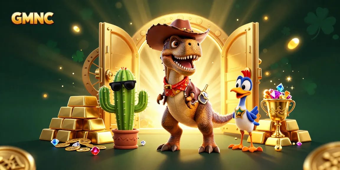 Join the GMNC adventure with a cowboy dinosaur in a vibrant casino treasure scene!
