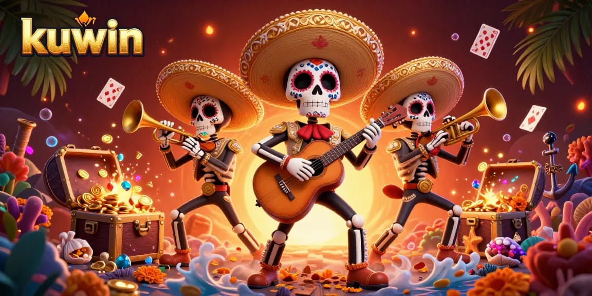 Kuwin captivates players with an exciting 3D mariachi scene amidst treasure and gaming elements.