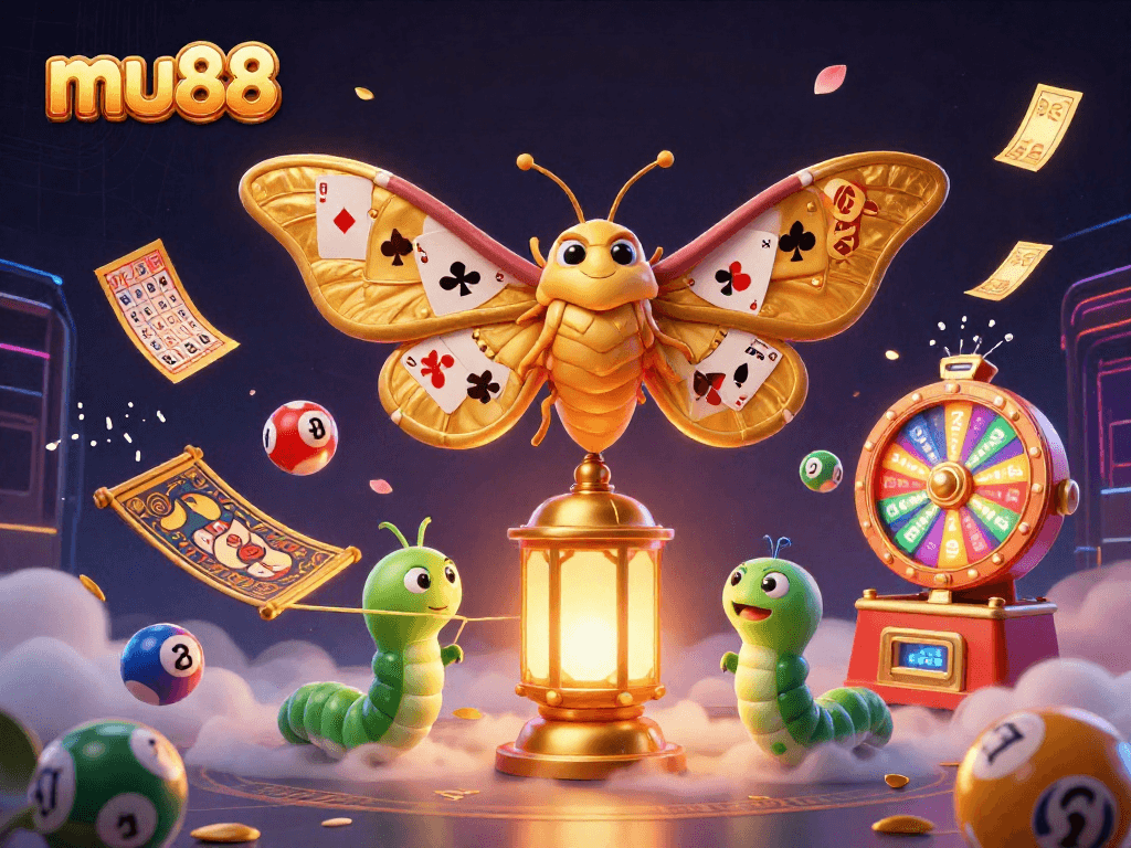 mu88 card scene showcasing a vibrant lottery atmosphere with flying balls, golden elements, and dynamic design