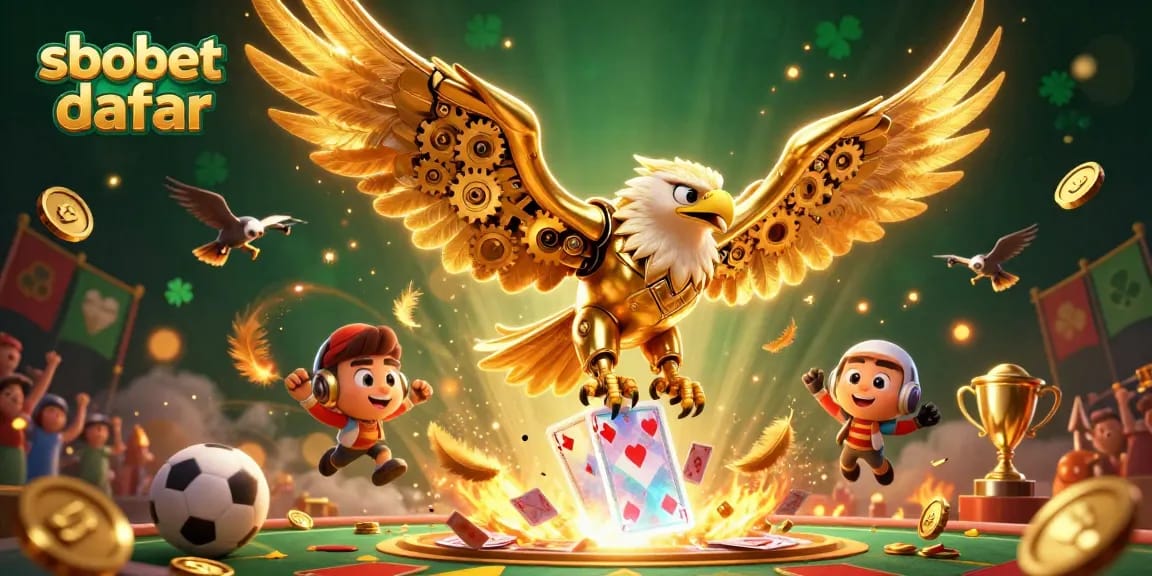 Experience sbobet daftar sports betting with a cybernetic eagle among holographic cards and gold coins.