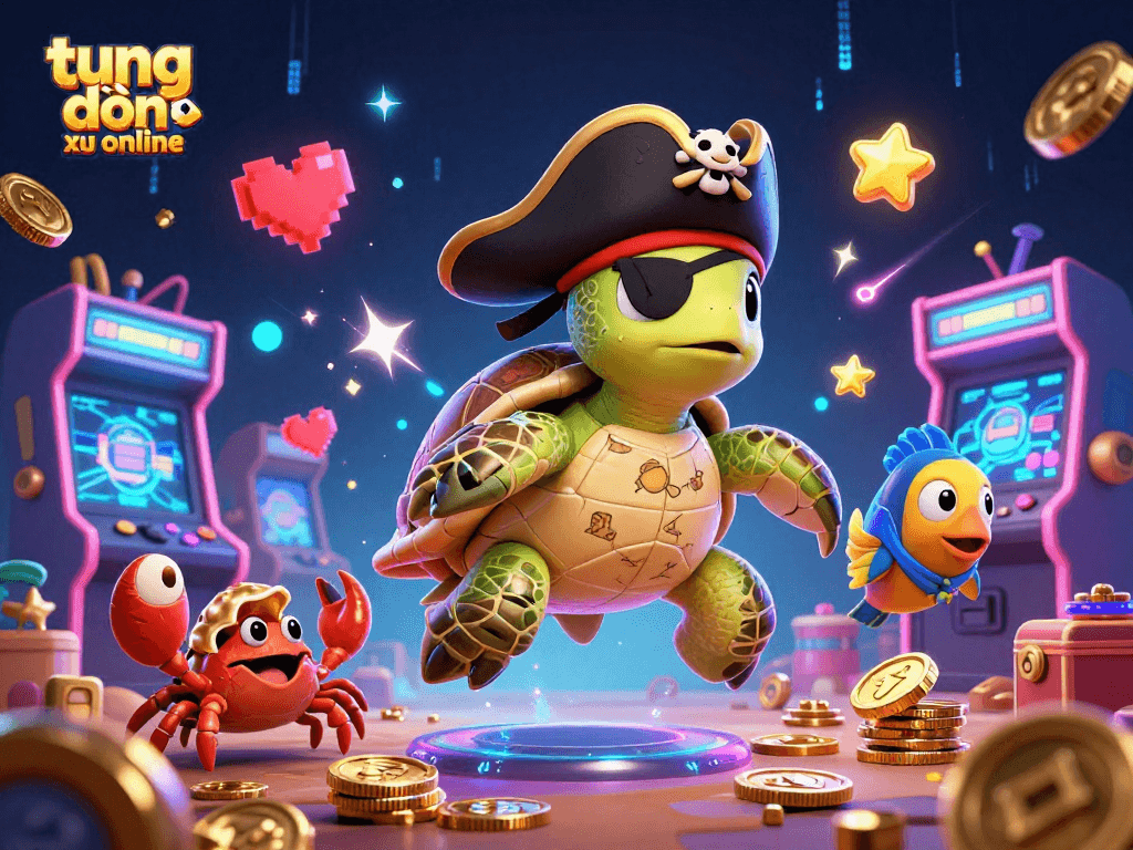 Engage in the thrilling world of tung đồng xu online with a vibrant scene featuring arcade wonders and treasure-hunting characters.