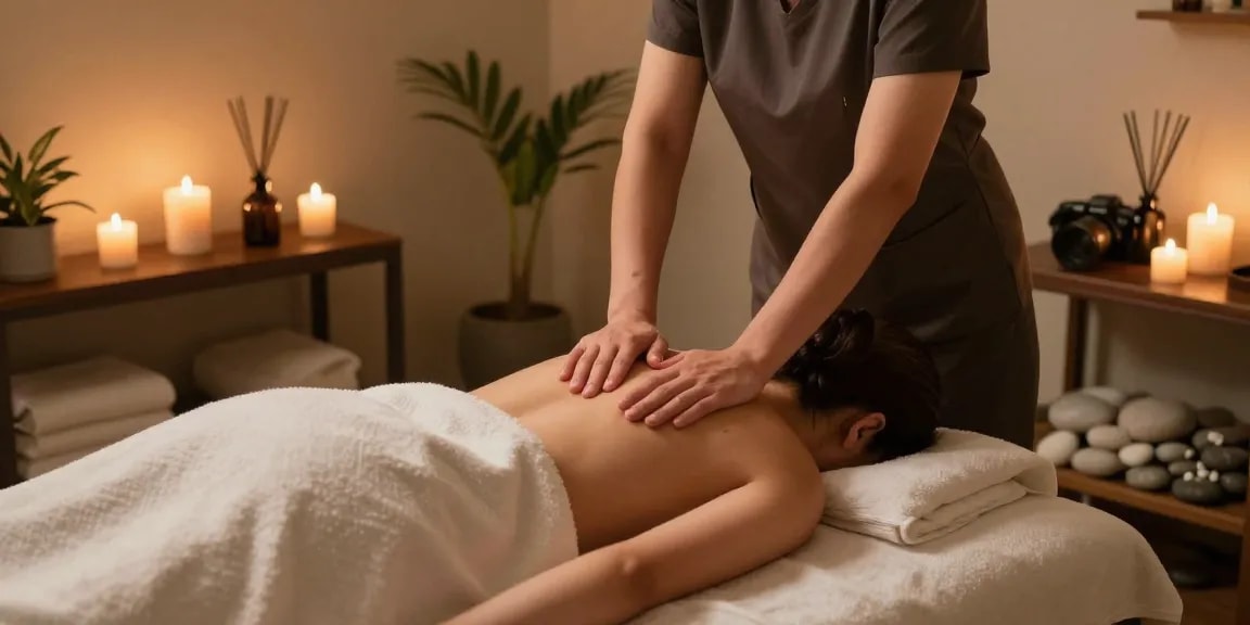 부천출장마사지 with a serene massage setting, therapist using gentle techniques on a client.
