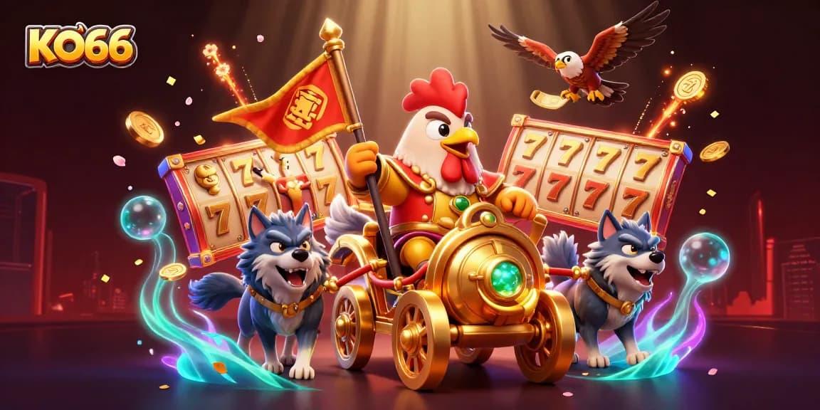 Engage with KO66's vibrant 3D casino scene showcasing slot reels and lively characters in action.