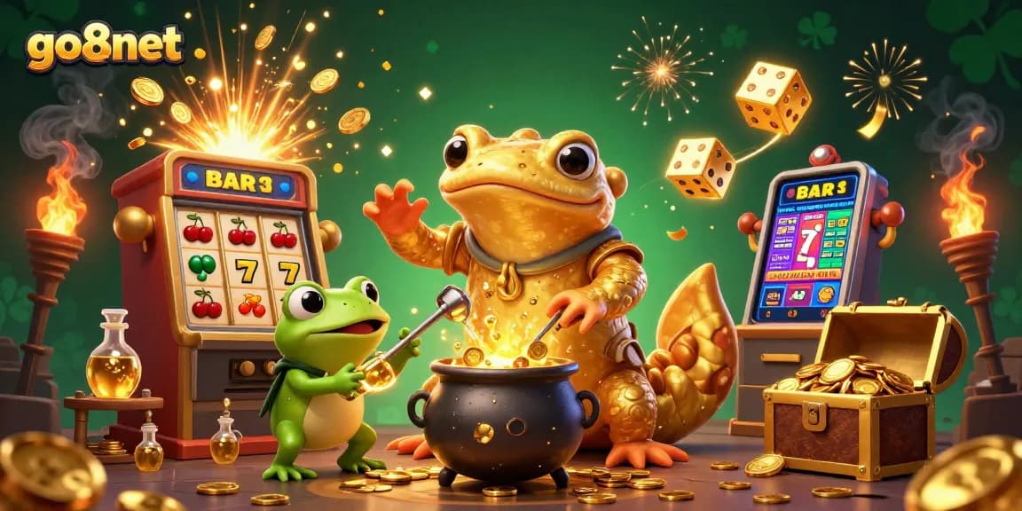 Experience thrilling gameplay at go8net with a vibrant illustration of a gold-transmuting alchemist and dynamic casino elements.